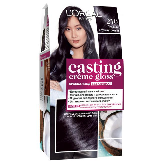 L'Oreal casting Creme Gloss краска для волос без аммиака 210 черный перламутровый. L'Oreal Paris крем краска для волос черный. Кастинг крем Глосс 210. Лореаль кастинг крем Глосс 100.